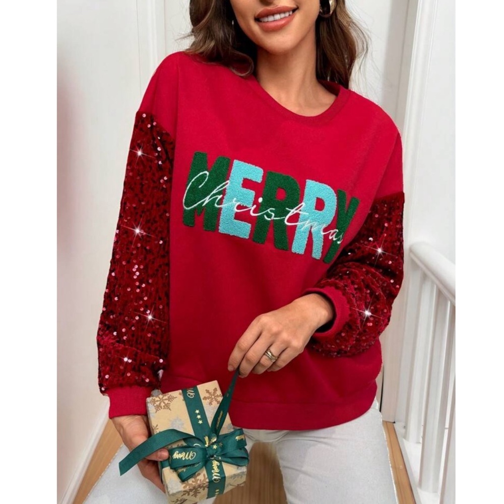 Merry Christmas Embroidered Sequin Sleeve Round Neck Sweater
